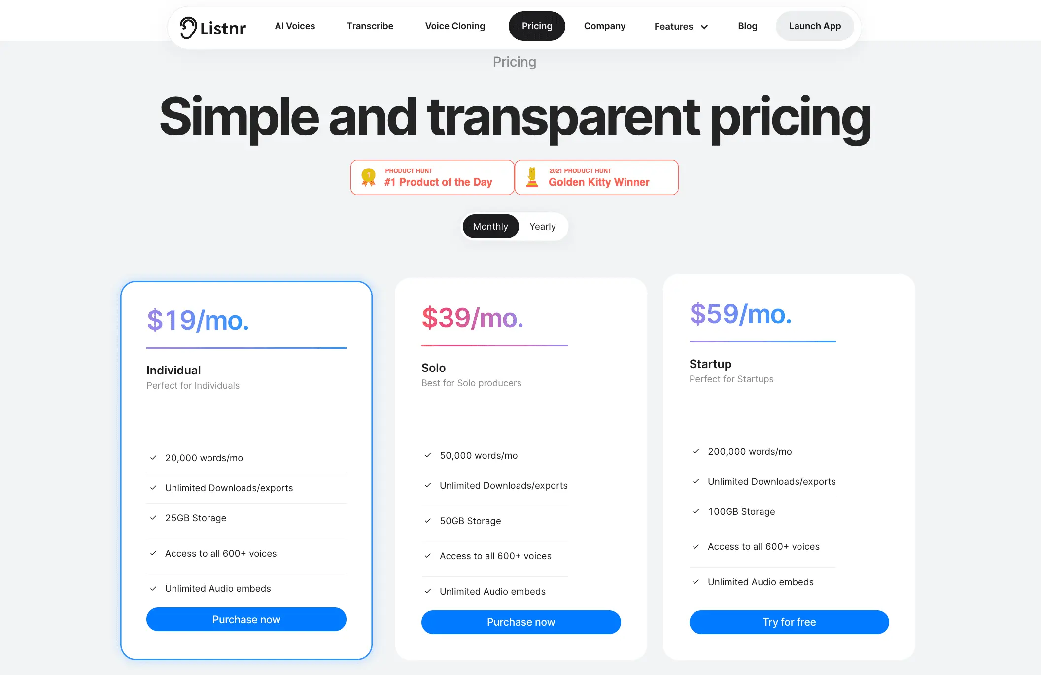 Listnr's pricing options