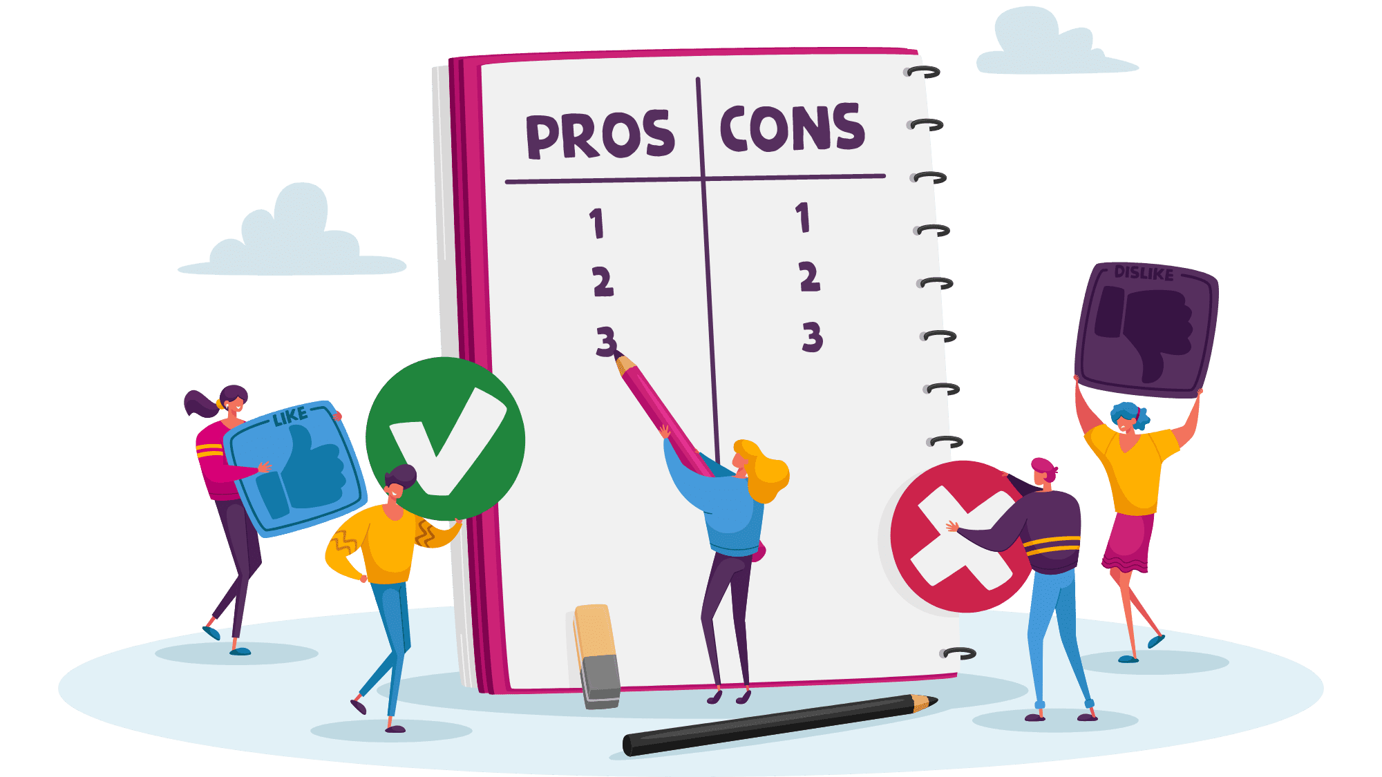 Picsart style notebook with "pros and cons" written on it