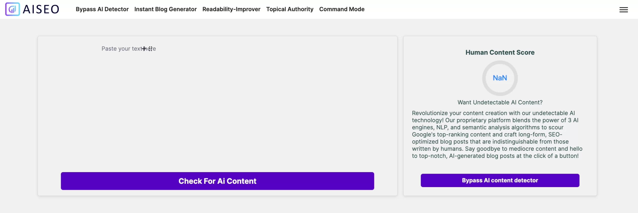 AISEO's content detector webpage