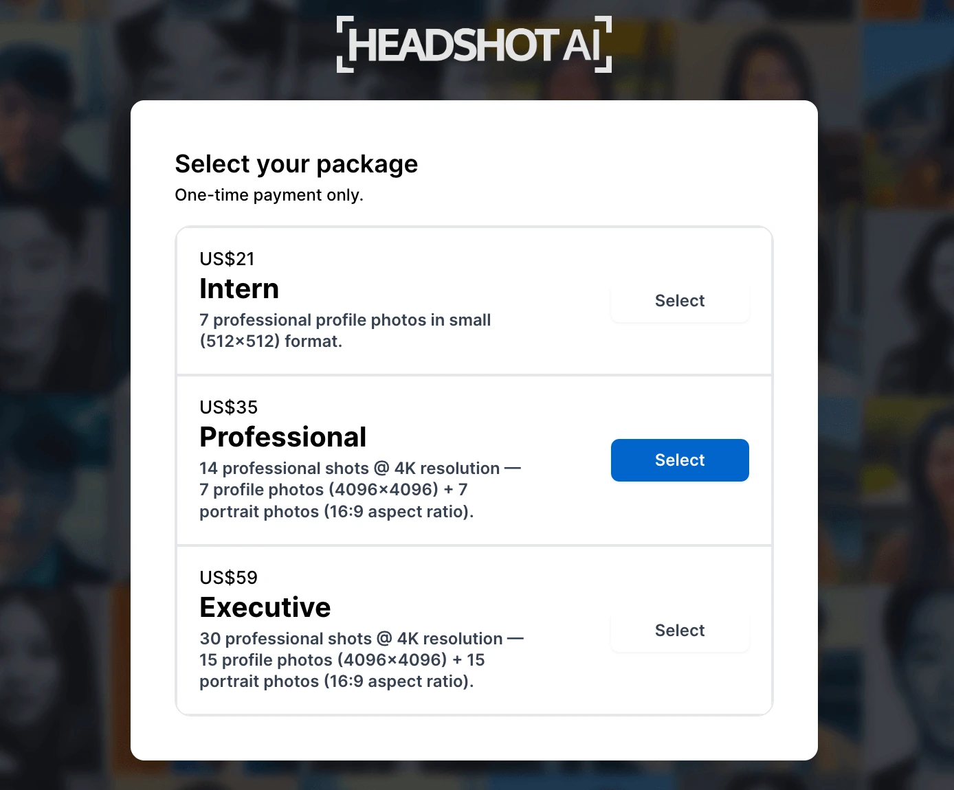 Headshot AI's pricing options