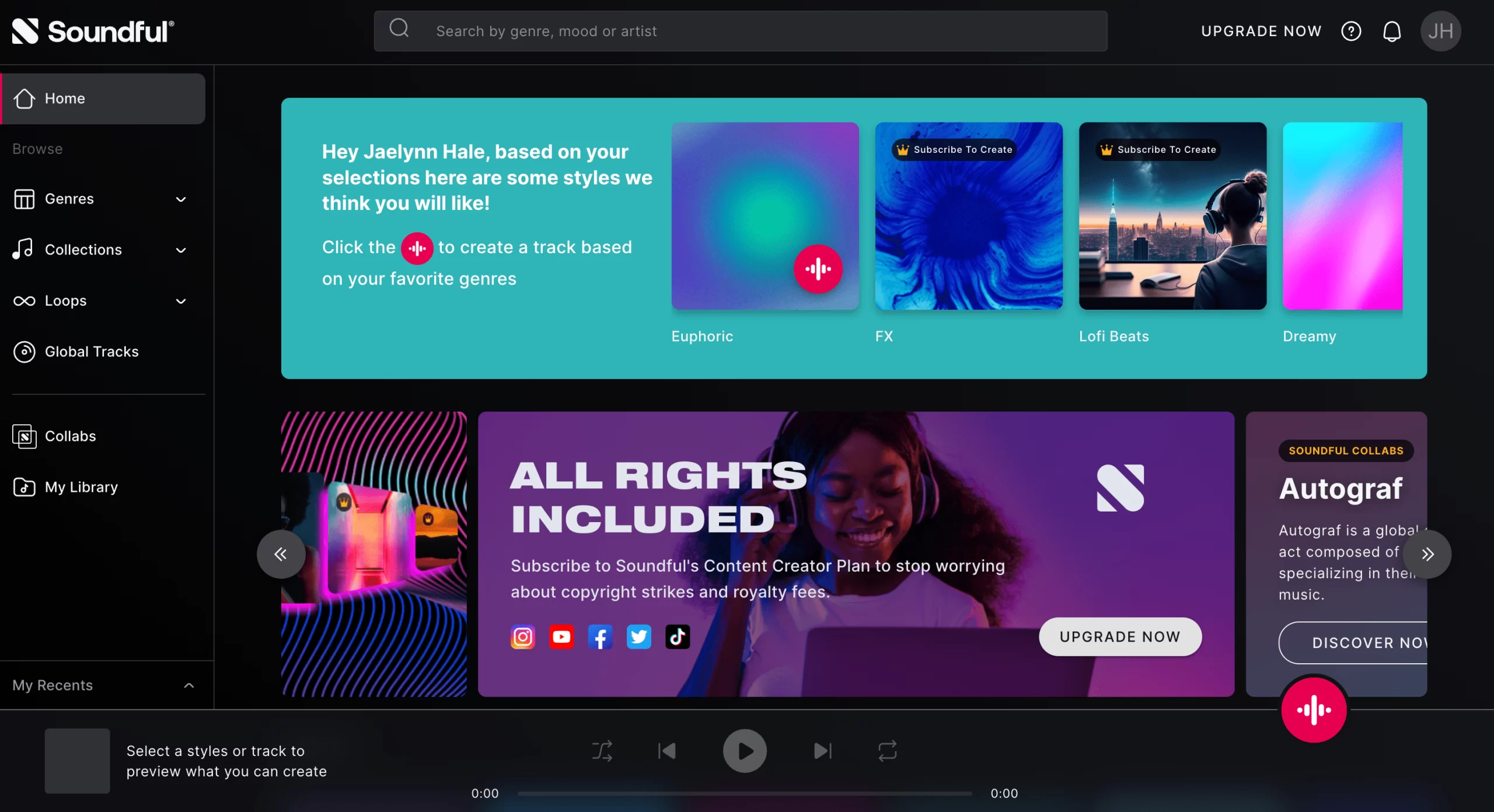 Screenshot of the dashboard inside of Soundful